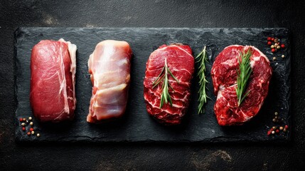 different types of raw pork meat and beef on the black chalkboard no logos no brands ar 169
