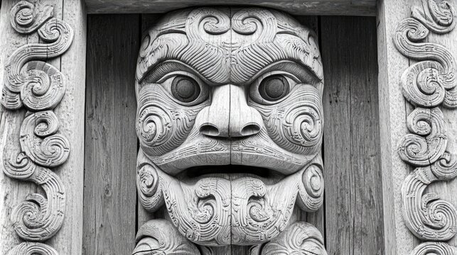 Striking Monochrome Maori Carving: Intricate Wooden Tribal Face with Spirals and Textured Details