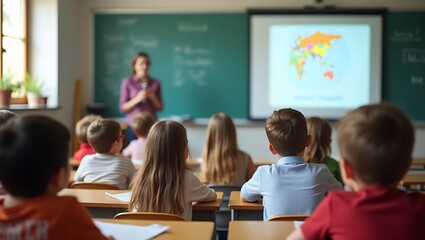 Teacher Presents World Map to Engaged Students in Classroom