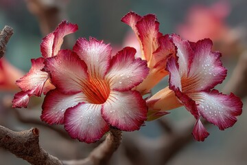 Desert rose blooms showing petals and water droplets in detail, colorful and inviting