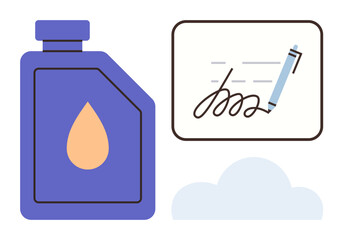 Purple oil container with drop icon next to signed document with pen. Ideal for certification, environmental safety, contracts, supply chain, industry standards, energy, management concepts. Simple
