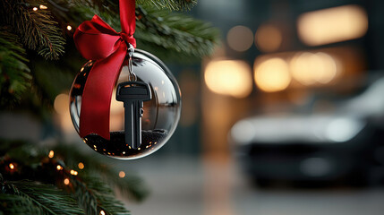 Transparent christmas ball ornament, adorned with a red bow, features a sleek miniature dark grey sport car and a shiny key, anticipating the thrill of a big-ticket holiday gift