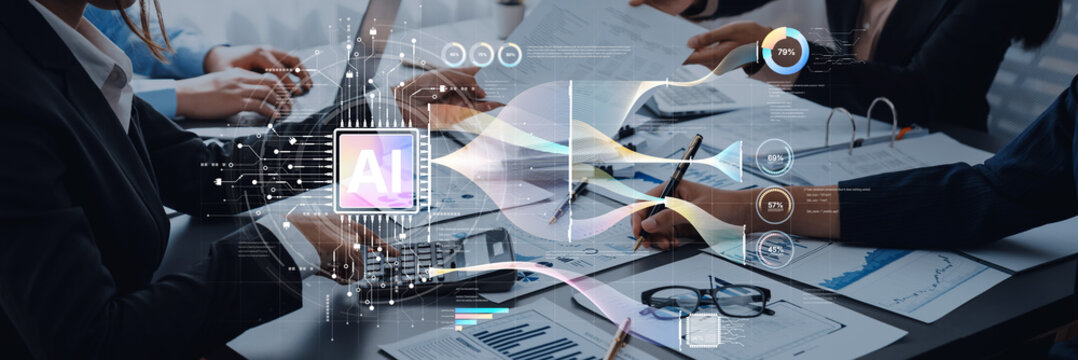 A diverse business team works together on an artificial intelligence project, featuring data visualization and collaborative efforts in a modern office setting. Trope