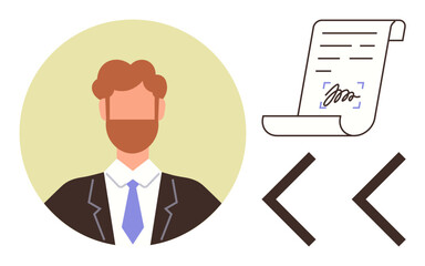 Businessman wearing a suit beside a signed document and coding brackets. Ideal for leadership, contracts, technology, teamwork, career growth, business strategy, professional skills. Simple flat