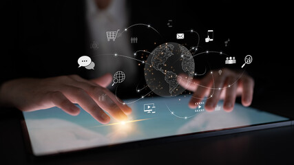 Visualization of global digital communication and online across multiple platforms, including global network, digital network, communication network, and online network. Latch