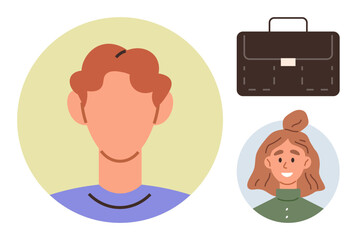 Male and female heads in circular frames with a black briefcase evoke teamwork and professionalism. Ideal for business, career, collaboration, networking, HR, identity, community. A simple flat
