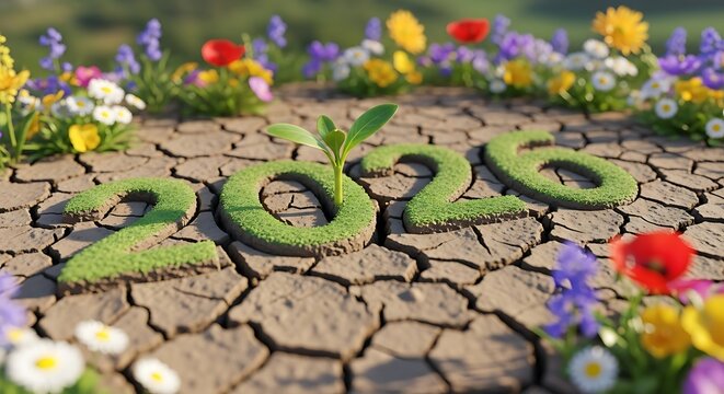 New year 2026 concept with green grass numbers growing on cracked earth, surrounded by colorful flowers, symbolizing hope and renewal