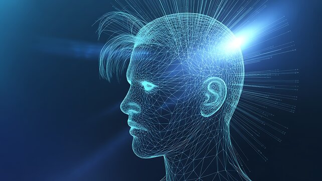 Blue Wireframe Human Head Profile with Glowing Neural Network and Light Rays artificial intelligence