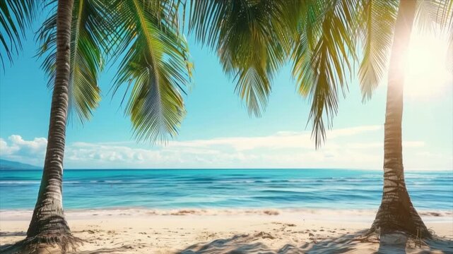 Paradise island on sunny day. Tropical beach with palm trees and turquoise water in ocean. Trip, travel and vacation concept