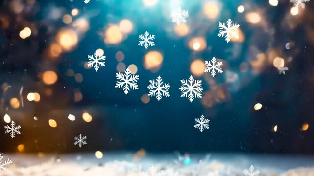 Magical snowflakes dance on a frosty winter night with bokeh lights