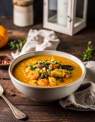 Hearty autumn soup in a rustic bowl with golden broth, fresh herbs, and seasonal vegetables, cozy fall decor, warm candlelight, hygge kitchen ambiance, gourmet comfort food.