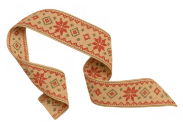 Beige ribbon with red and green fair isle pattern, creating cozy winter and christmas decoration concepts