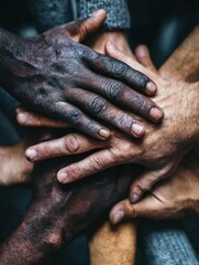 Fototapeta premium view from above of a group of diverse hands stacked together in a gesture of unity and teamwork