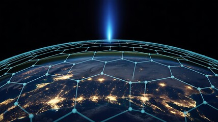 Global Network Overlay on Earth at Night with Blue Beam planet globe