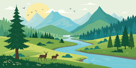 Vibrant flat illustration of a serene mountain landscape with winding river, green hills, pine trees, and deer grazing peacefully, nature scenery vector for travel, adventure, and outdoor design