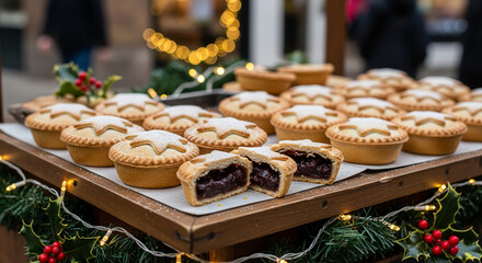 Delicious festive mince pies, freshly baked and dusted with icing sugar, beautifully arranged on a decorated wooden display at an outdoor Christmas market, ready for holiday enjoyment