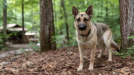 Naklejka premium A beautiful german shepherd is perched on a rock, surveying its surroundings in a vibrant green forest filled with trees