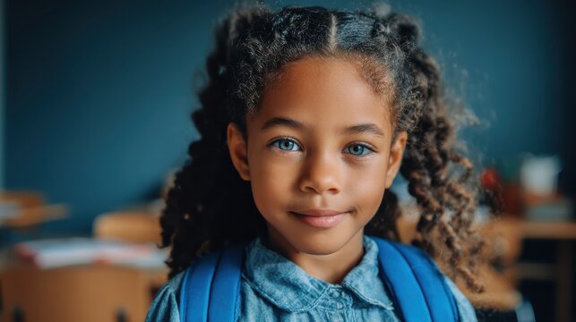 african young girl with blue backpack looking at camera pretty and satisfied black schoolgirl with rucksack smiling in class portrait of beautiful school girl standing in classroom no logos no brands