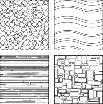 Set of Material Hatch Symbols for Architecture and Landscape Design Including Stone Wall, Grass, and Water Pattern Outline