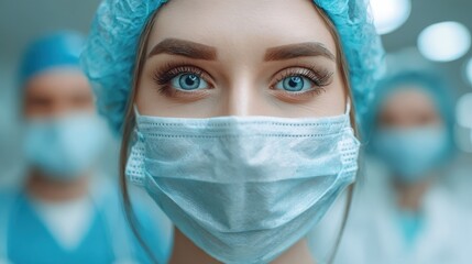 close up face of confident female nurse in front of his medical staff looking at camera while wearing protective face mask due to covid19 virus smiling surgeon standing  with team in background no lo