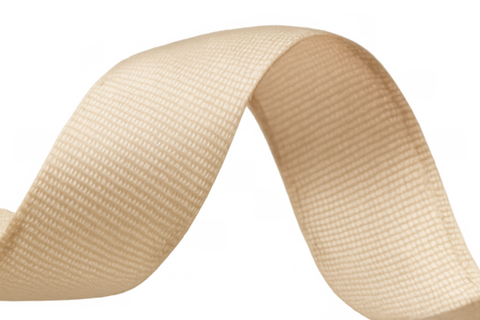 Beige textile ribbon creating elegant dynamic curve, warp weft fabric texture, soft looping material, transparent background