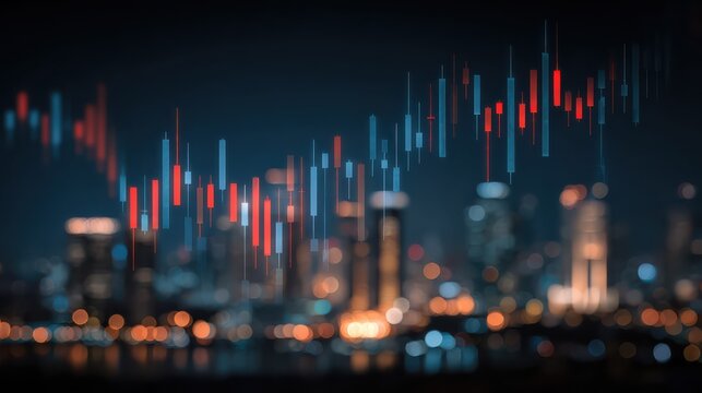 creative glowing big data forex candlestick chart on blurry city background trade technology investment and analysis concept double exposure no logos no brands ar 169