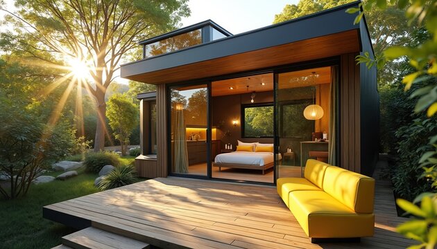 Modern tiny house with wooden deck in rich green garden at sunset. Cozy interior bedroom visible through panoramic glass doors. Small home promotes sustainable living in nature. Yellow sofa for
