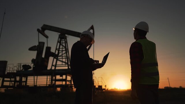 Inspecting oil pumpjack at sunset two workers in hardhat and reflective vest discuss readings while engineer uses laptop silhouette of pumpjack and worker against orange sky in oil field near rig