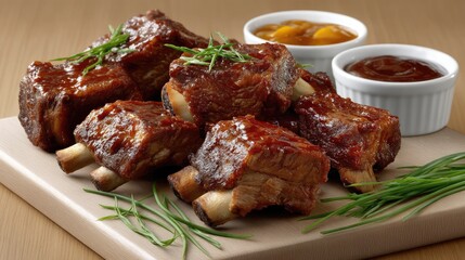 Fototapeta premium Tender pieces of meat arranged on a wooden board, accompanied by fragrant herbs and dipping sauces, ready for enjoyment