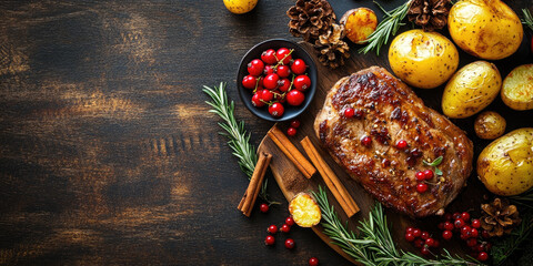 Flat lay of traditional Christmas dinner ingredients: roasted meat, baked potatoes, red berries, rosemary, cinnamon sticks, on wooden background, top view, copy space