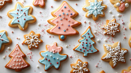 Festive Christmas sugar cookies with various icing designs and sprinkles, including stars and a Christmas tree, presenting a cheerful and sweet holiday baked tradition
