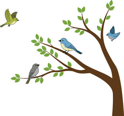 Stylized illustration of a tree with green leaves and colorful birds sitting and flying, representing nature, wildlife, spring, ecology, and organic design on a white background.