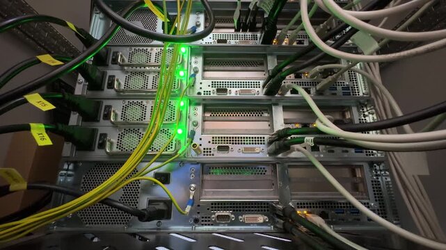 A dynamic video of a server rack in a modern data center, showcasing rows of active equipment with blinking status lights and humming with technological activity. 