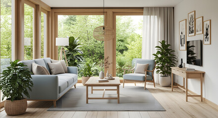 Fototapeta premium Light Filled Living Room with Nature View Home Interior Design