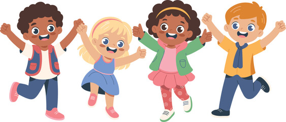 Joyful cartoon children jumping together, holding hands, diverse outfits, cheerful expressions, friendship concept, happy kids illustration, vector art, playful school moment, unity theme