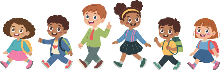 Happy diverse children walking to school, cartoon style, colorful outfits, cheerful expressions, education concept, multicultural kids, back to school illustration, vector art