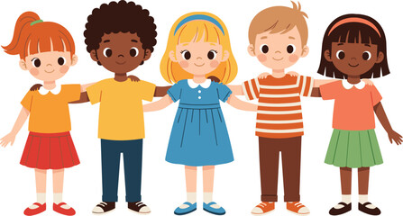 Multicultural children standing together, arms around shoulders, smiling, showing friendship, unity, diversity, inclusion, outdoor portrait, colorful outfits, happy kids, bonding moment