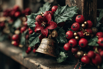 rustic seasonal centerpiece display, cozy farmhouse ornament with berries and bells