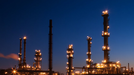 Obraz premium Industrial complex illuminated against a deep blue twilight sky, showcasing a network of pipelines and towering structures with bright lights punctuating the darkness.