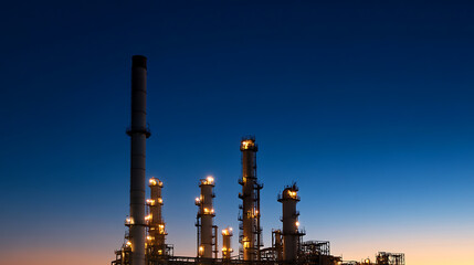 Obraz premium Industrial complex against a dark blue sky. Silhouetted structures with illuminated towers create a striking contrast. The energy sector is visible at twilight.