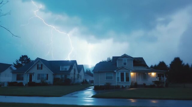 Lightning strikes illuminate a stormy night sky over suburban houses during heavy rainfall