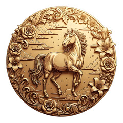 Golden horse with floral ornament isolated on transparent background
