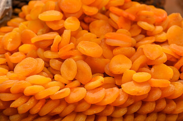 Apricots for sale. Dried apricots. Close-up of apricots at the market.