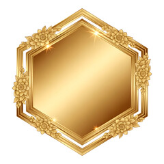 Golden hexagon frame with flower decoration isolated on transparent background