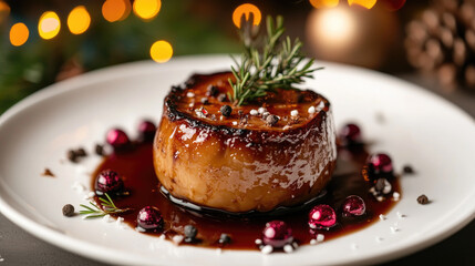 Succulent foie gras on a white porcelain dish with fresh rosemary sprigs, ready to be served, making a sophisticated and delicious meal with blurred holiday decorations in the background