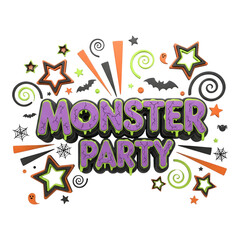 Monster party text with stars and bats isolated on transparent background