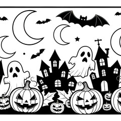 Halloween seamless border with spooky elements isolated on transparent background