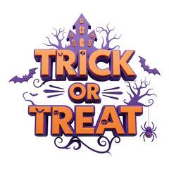 Trick or treat text with haunted house isolated on transparent background
