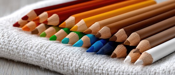 A selection of vibrant colored pencils is neatly lined up, highlighting diverse colors and tips ready for drawing or coloring