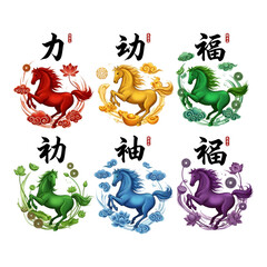Chinese new year horse with different colors isolated on transparent background